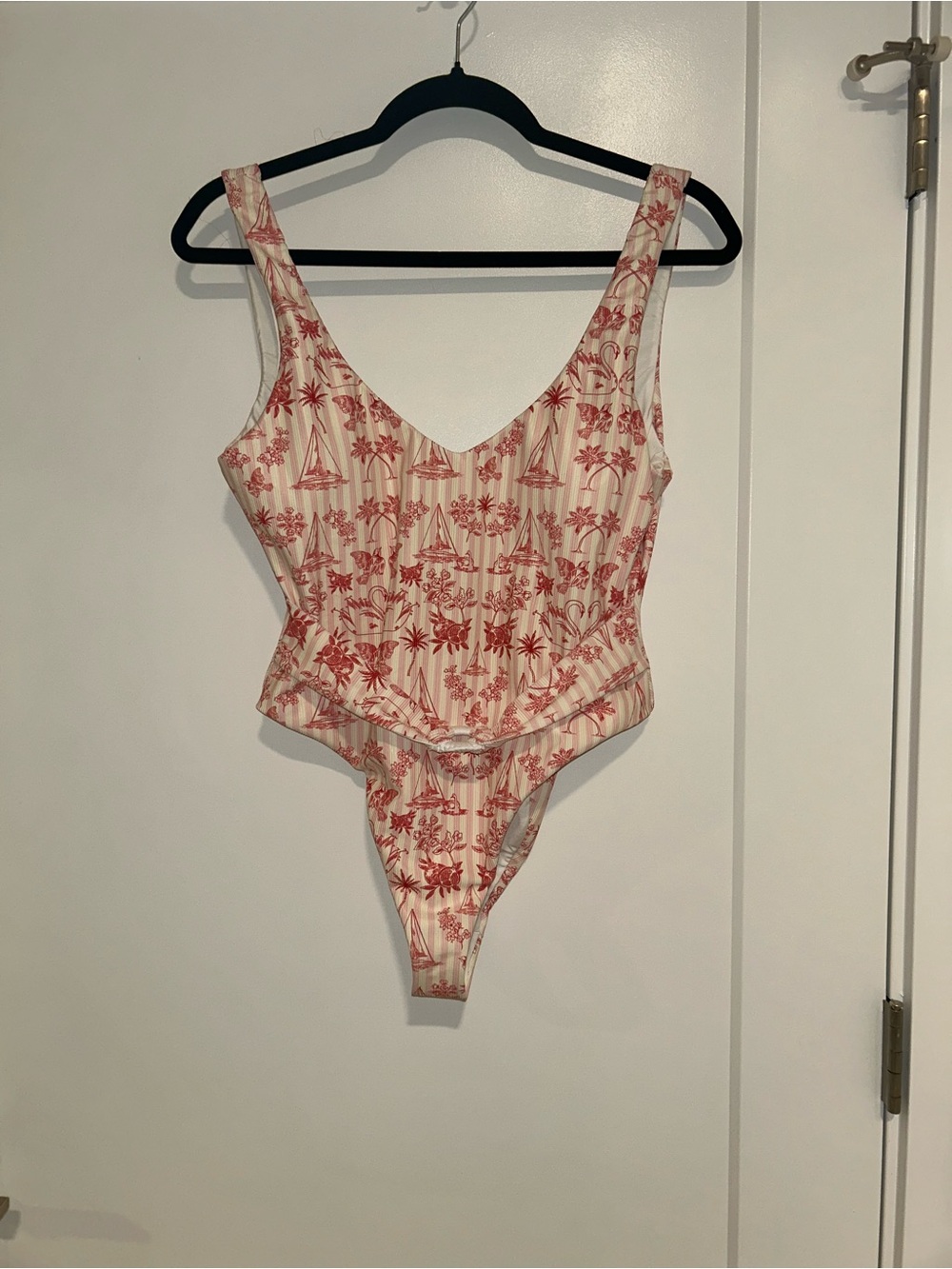 Dippin' Daisy's Pink and Cream Stripe One-Piece with Red Tropical Print